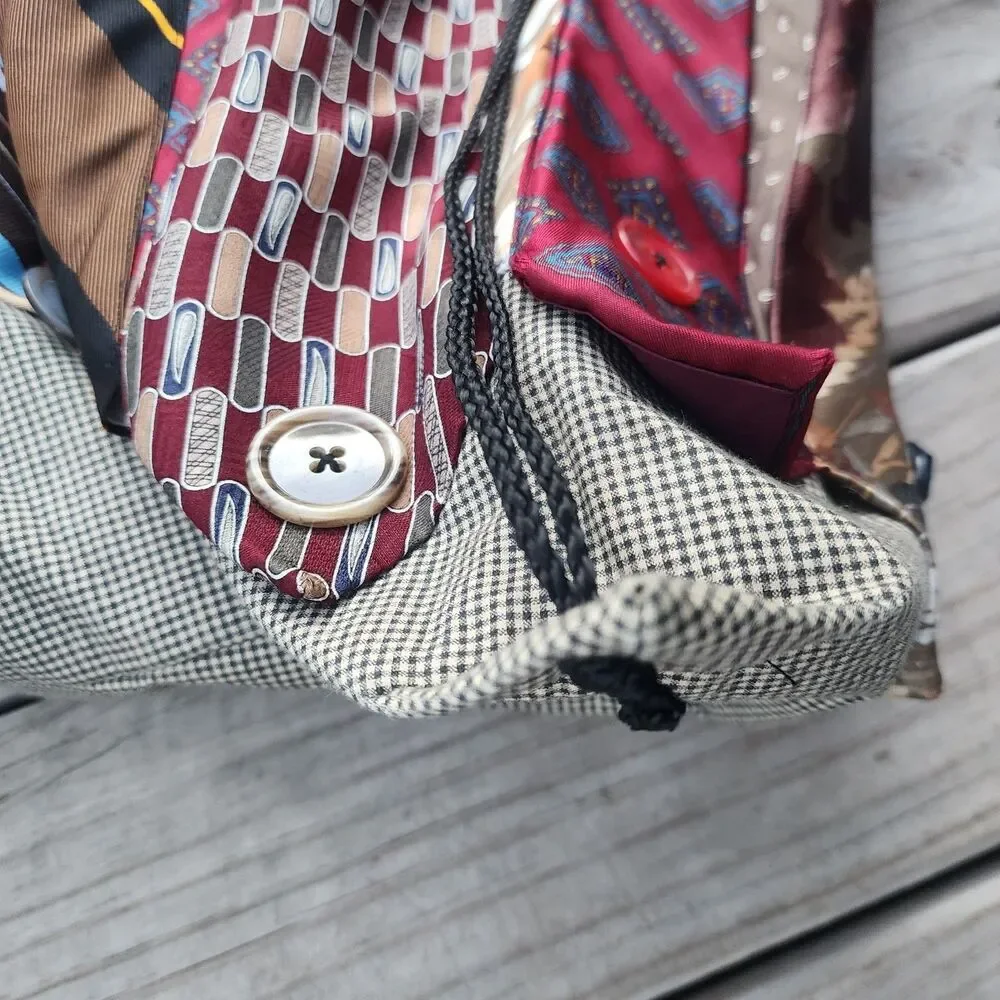 Handmade Necktie Drawstring Patchwork Tote Shoulder Carry All Bag Backpack GC